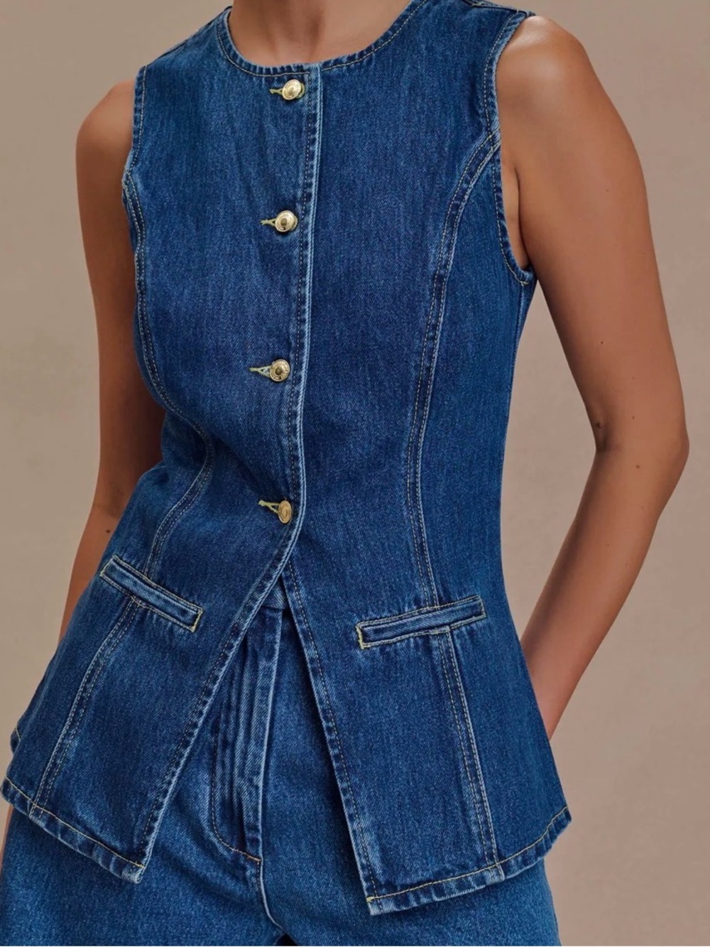 Meshki Dark Blue Denim Button-Front Vest/Top, size M